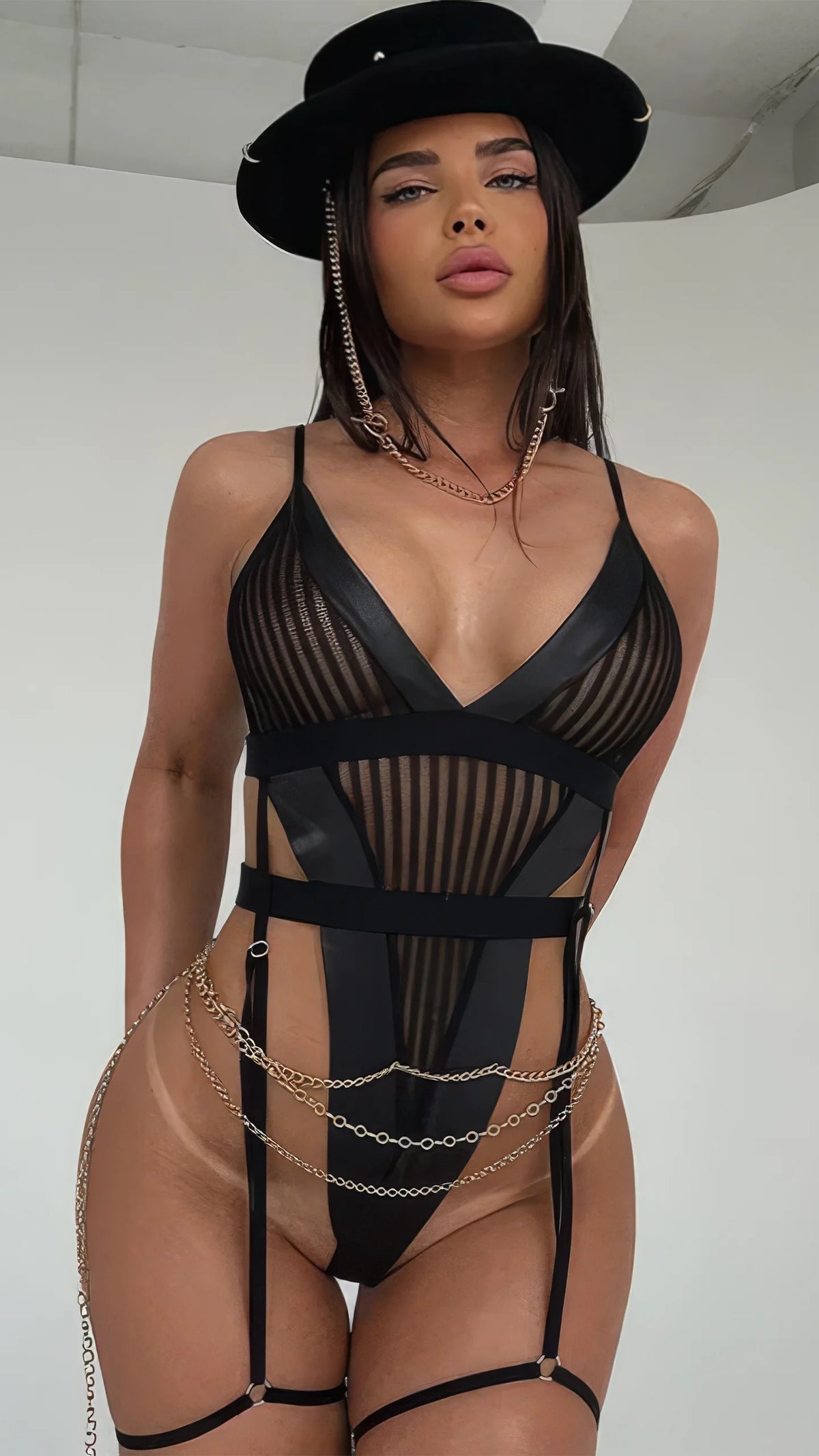 Black Striped Bodysuit with Chain Details