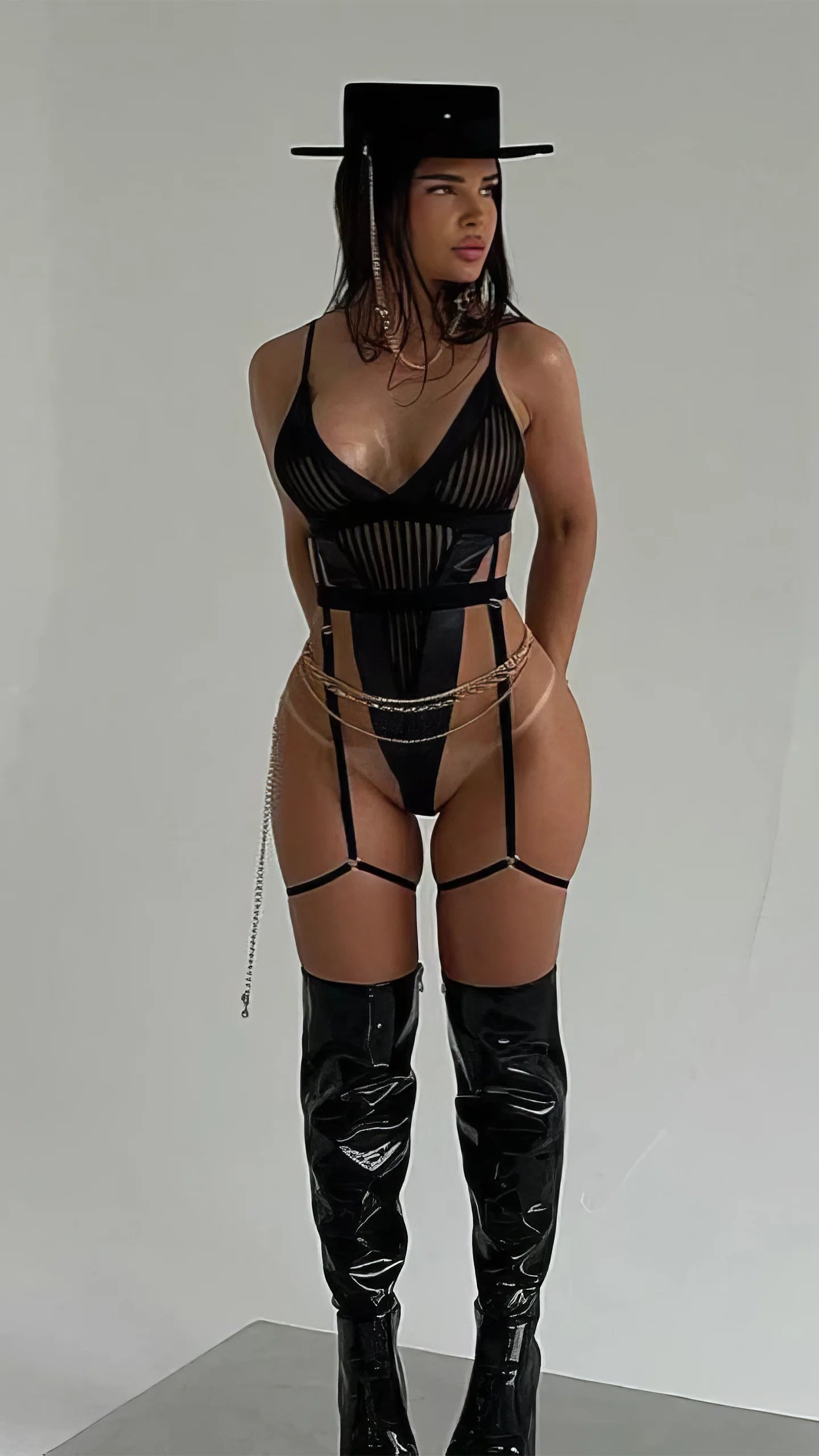 Black Striped Bodysuit with Chain Details