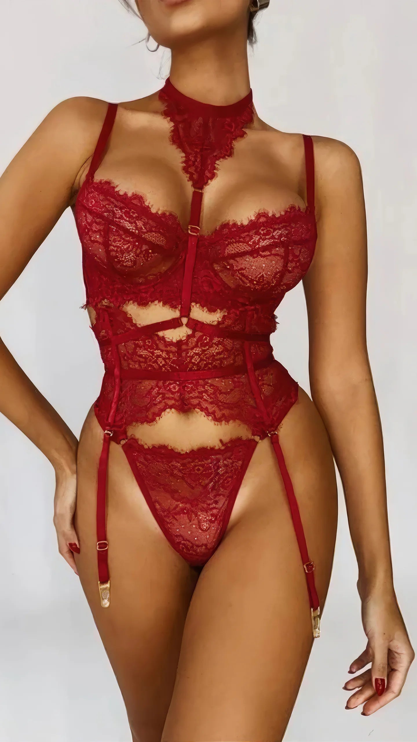 RUBY REFLECTION - Seductive Red Lace 5 pieces set