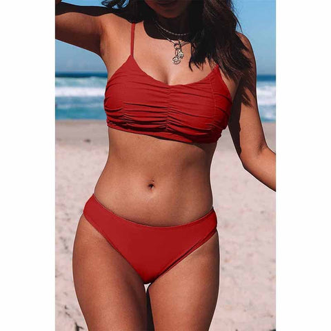 SEA MILLE-Fashionable Pleated Halter Bikini Swimsuit