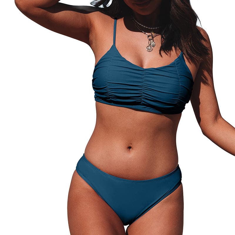 SEA MILLE-Fashionable Pleated Halter Bikini Swimsuit
